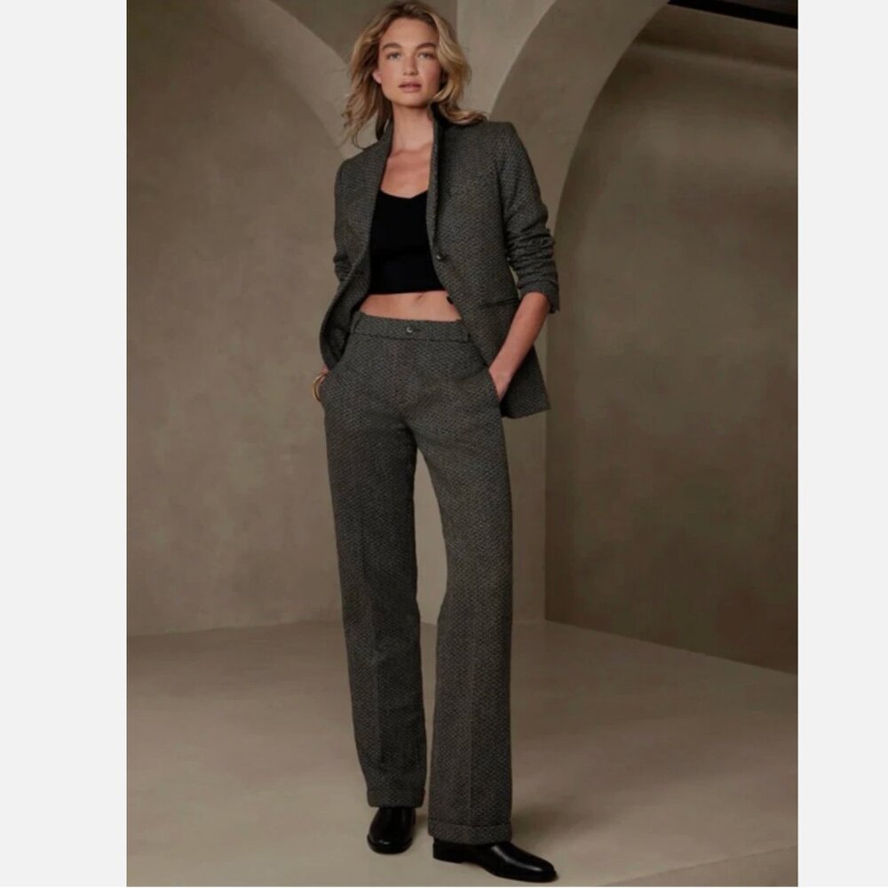 Banana Republic Wylder Straight Tweed Pant Trouser Cuffed Sz 12 Blackstone Twill